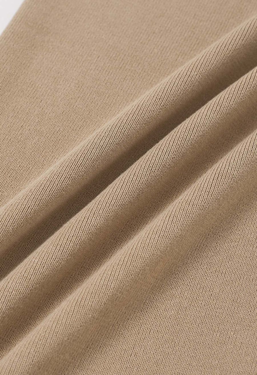 Golden Button Patch Pocket Knit Cardigan and Pants Set in Tan