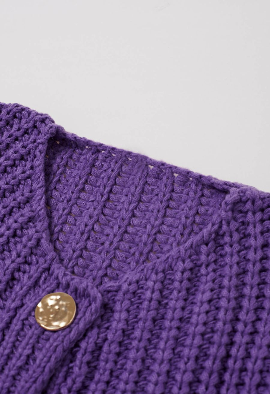 Bold Golden Buttons Patch Pocket Chunky Knit Vest in Purple
