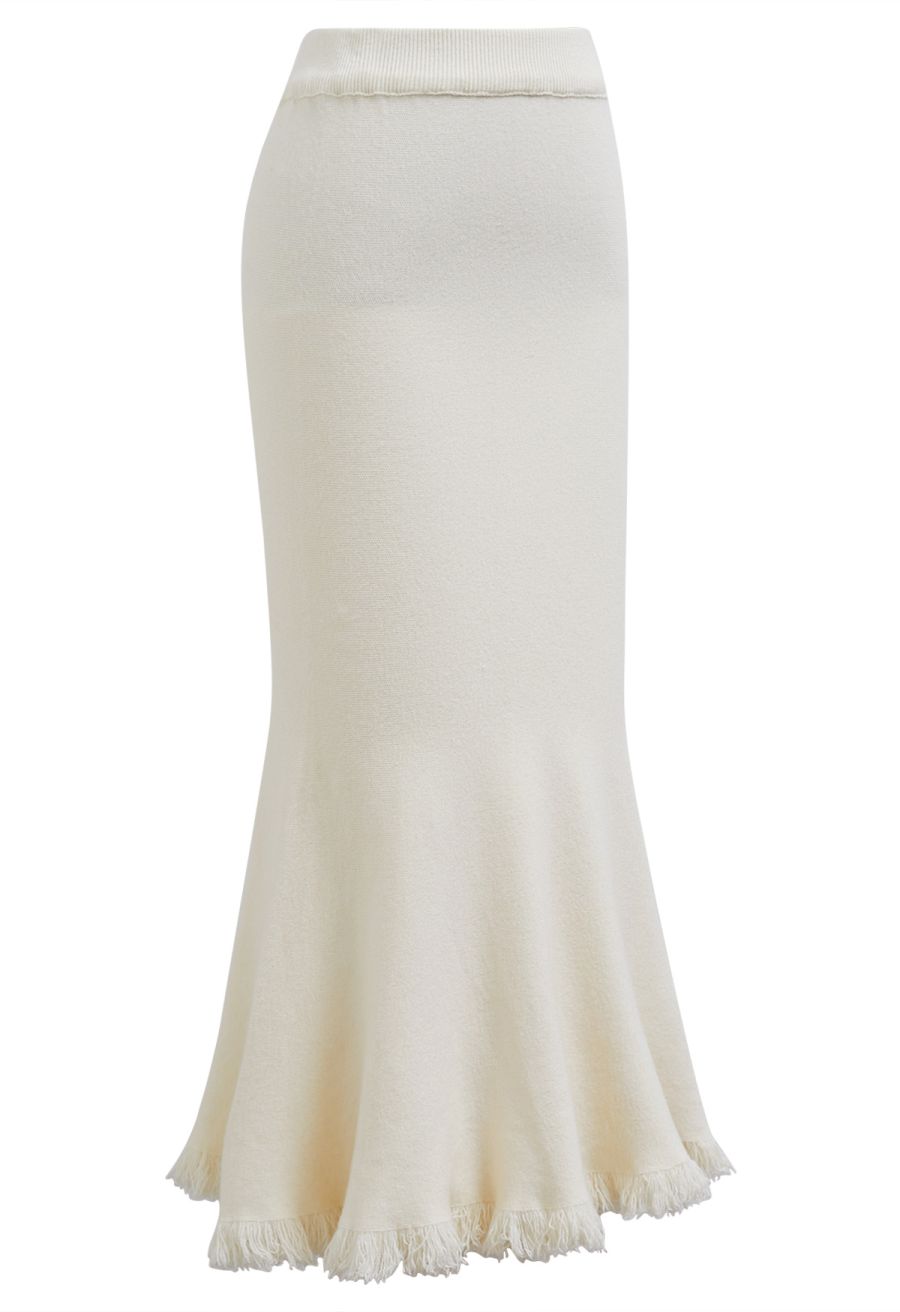 Easy Fringed Mermaid Knit Maxi Skirt in Cream