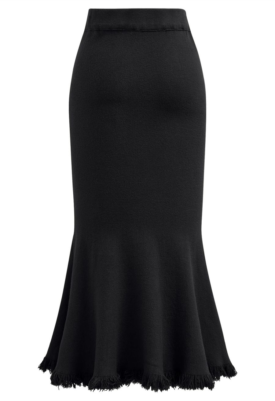 Easy Fringed Mermaid Knit Maxi Skirt in Black