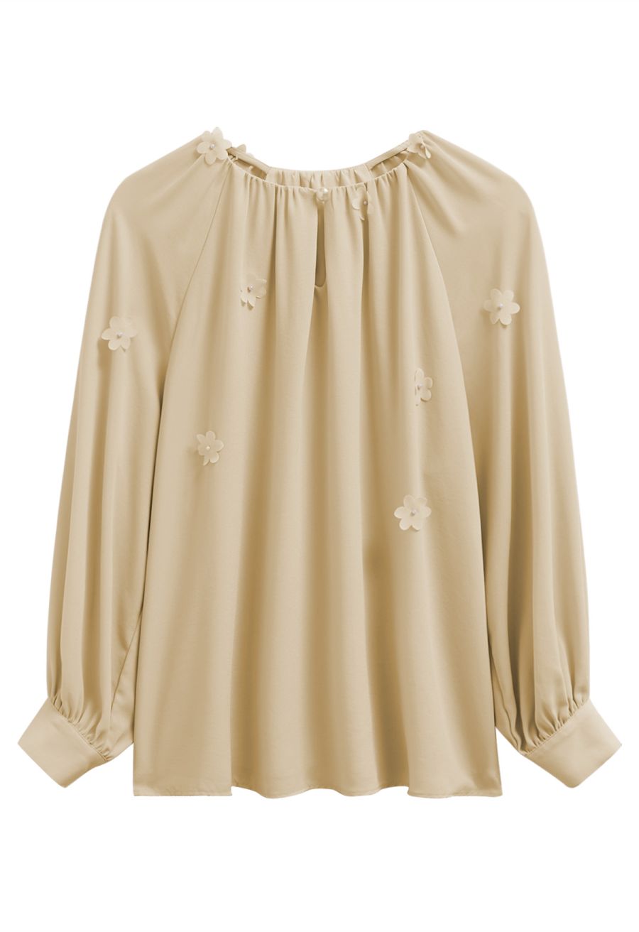 3D Floret Pearly Cutout Puff Sleeve Shirt in Mustard