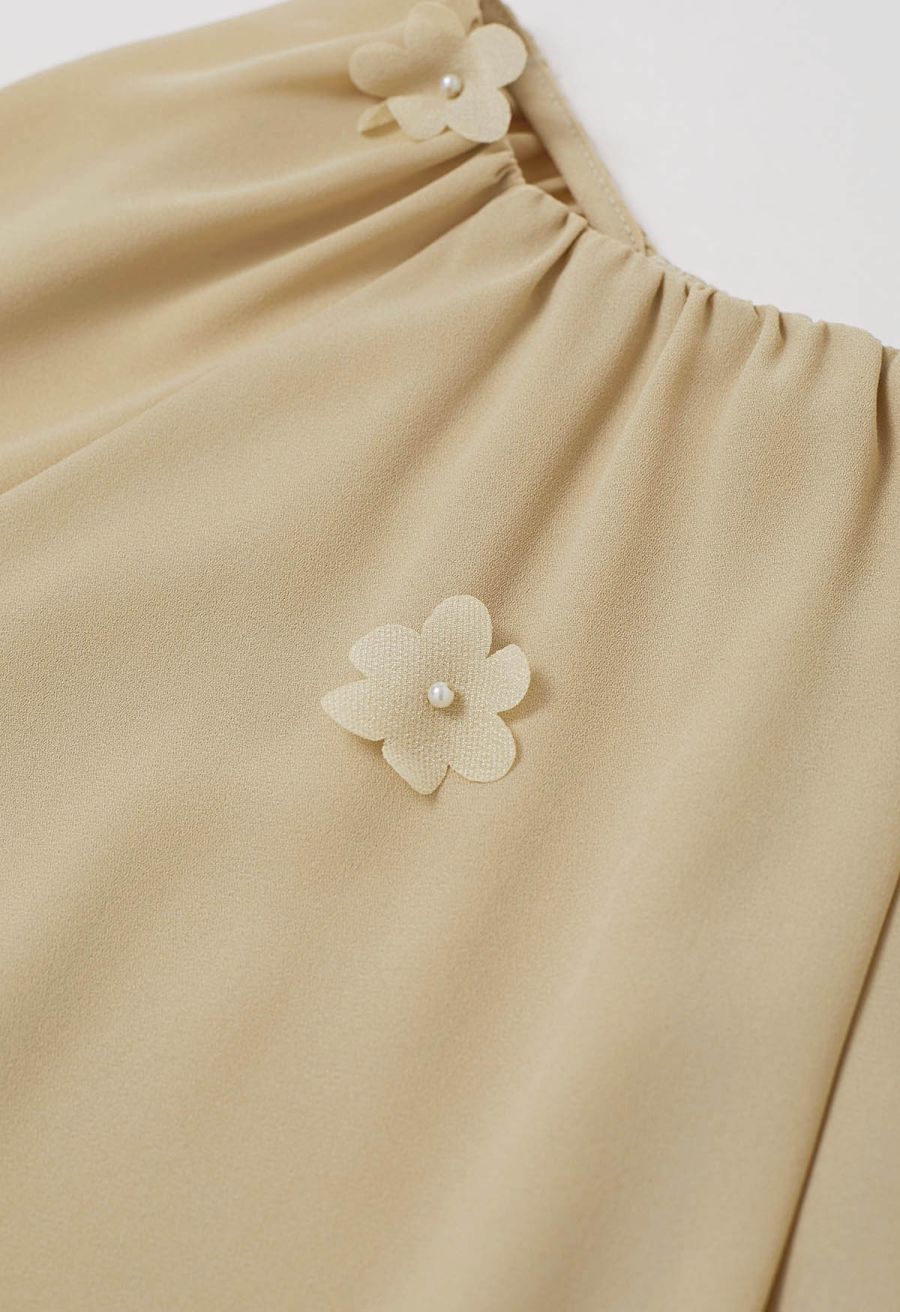 3D Floret Pearly Cutout Puff Sleeve Shirt in Mustard