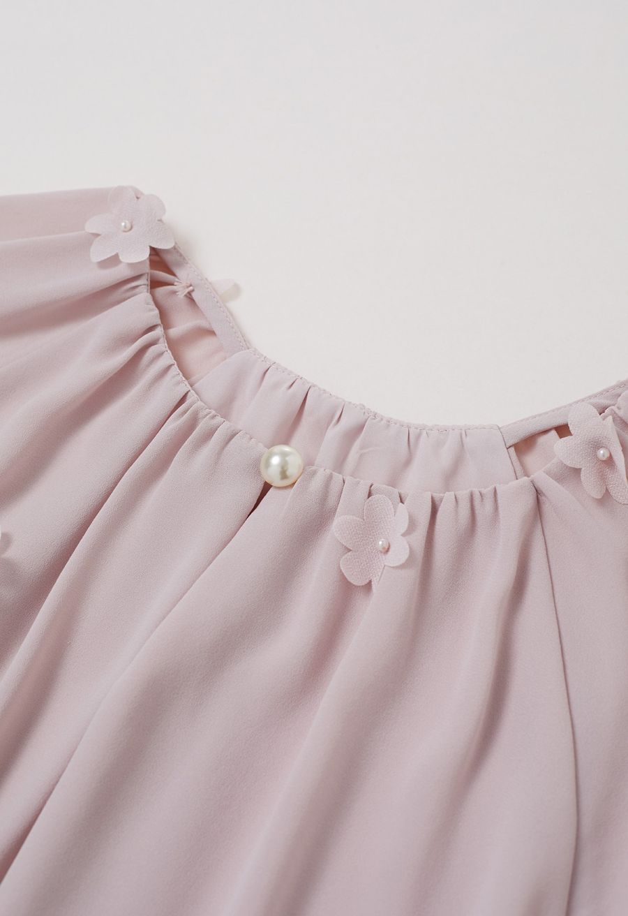 3D Floret Pearly Cutout Puff Sleeve Shirt in Pink