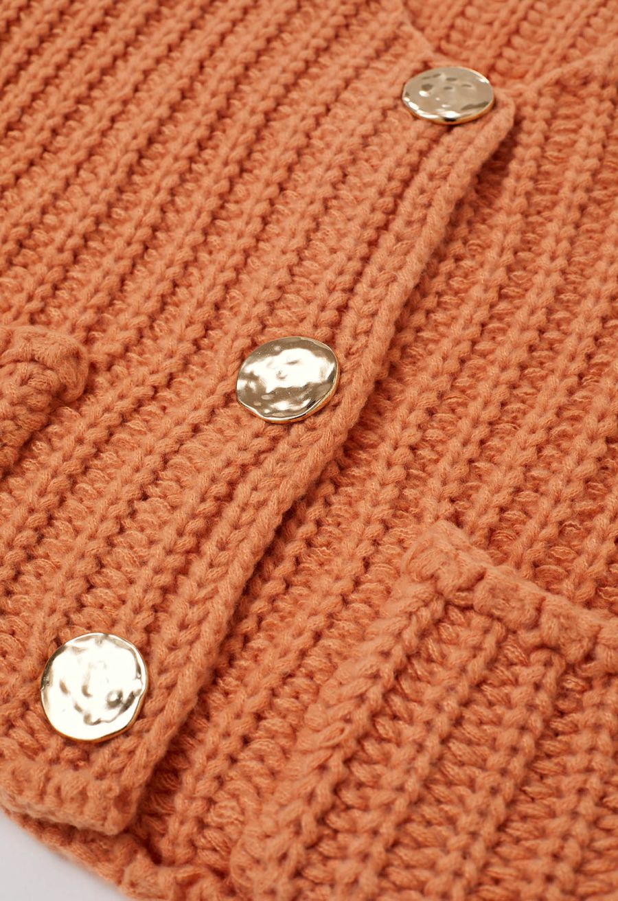 Bold Golden Buttons Patch Pocket Chunky Knit Vest in Orange