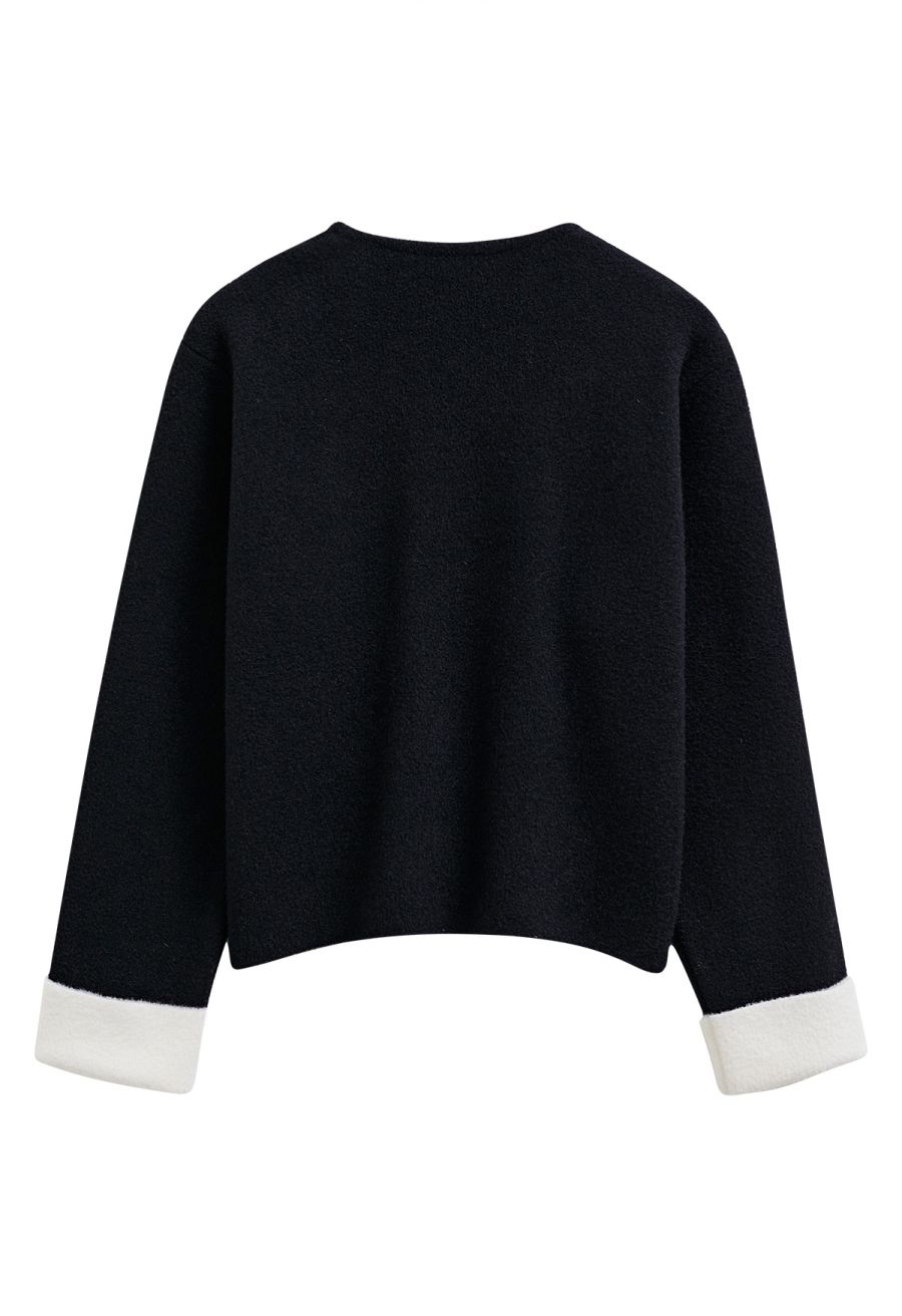 3D Heart Embellished Stud Button Contrast Cardigan in Black