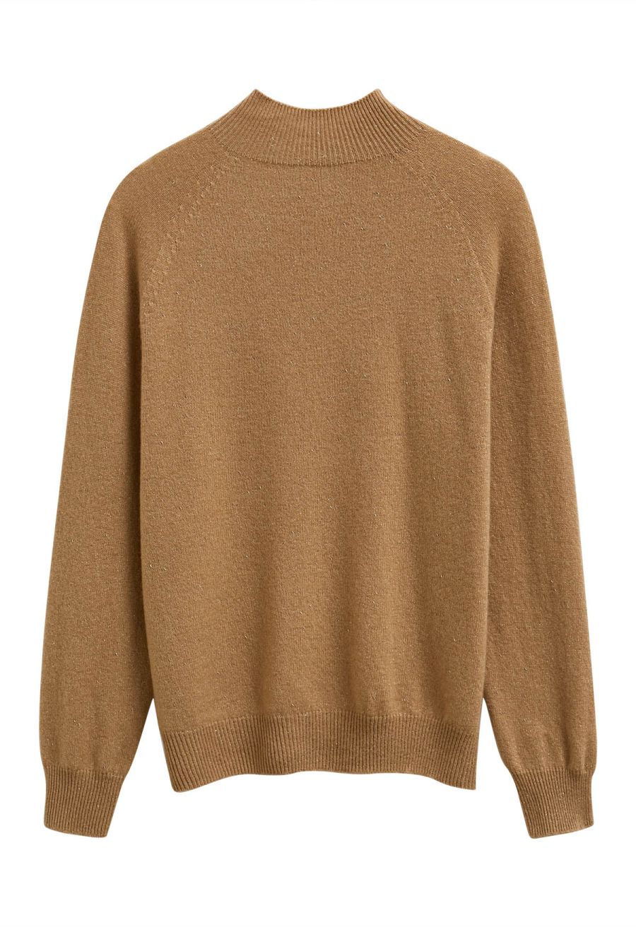 Integral Metallic Thread Mock Neck Wool Sweater in Caramel