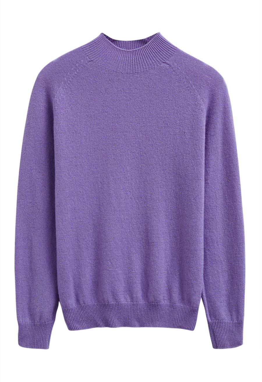 Integral Metallic Thread Mock Neck Wool Sweater in Purple