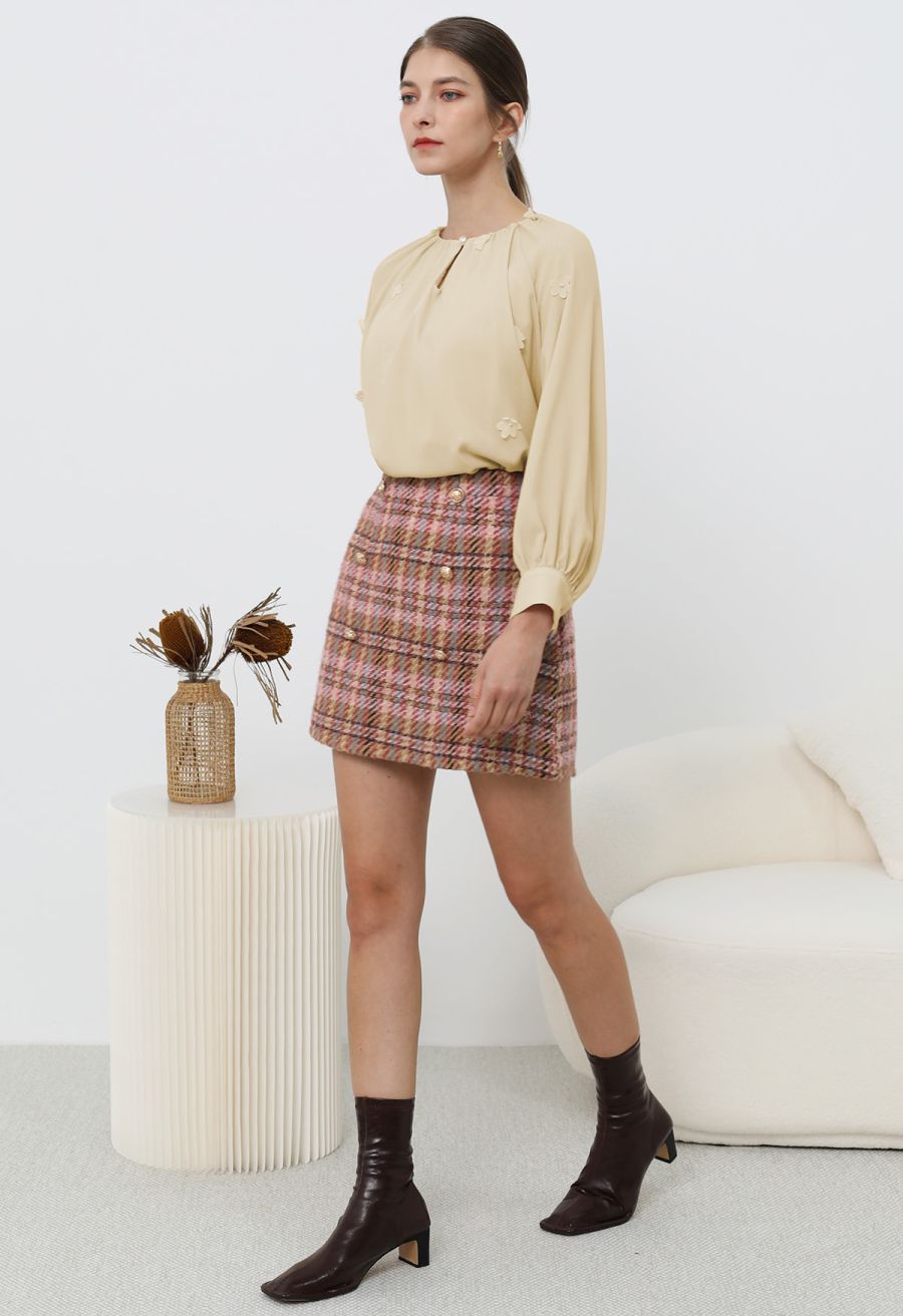3D Floret Pearly Cutout Puff Sleeve Shirt in Mustard