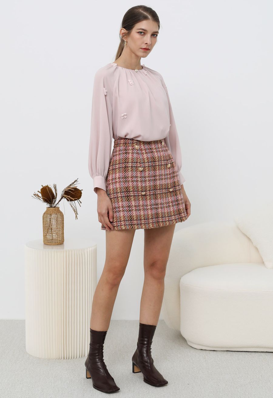 3D Floret Pearly Cutout Puff Sleeve Shirt in Pink