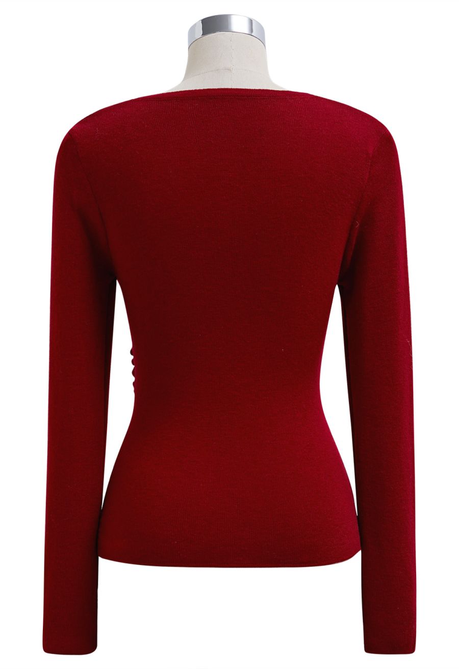 Artful Crisscross V-Neck Long Sleeve Knit Top in Red