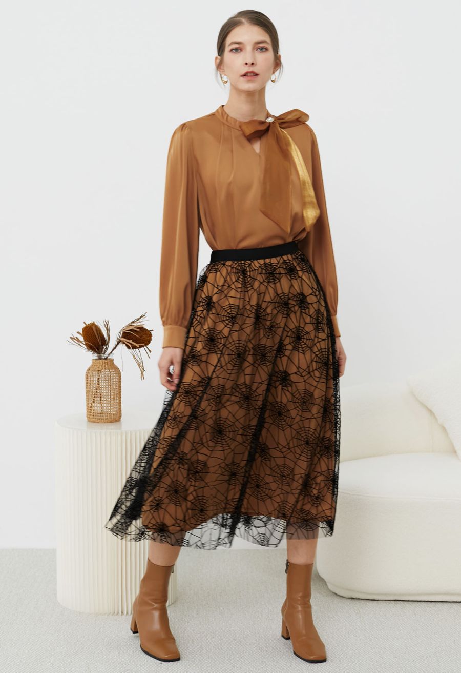 Cobweb Mystique Mesh Tulle Midi Skirt in Pumpkin Halloween Costumes