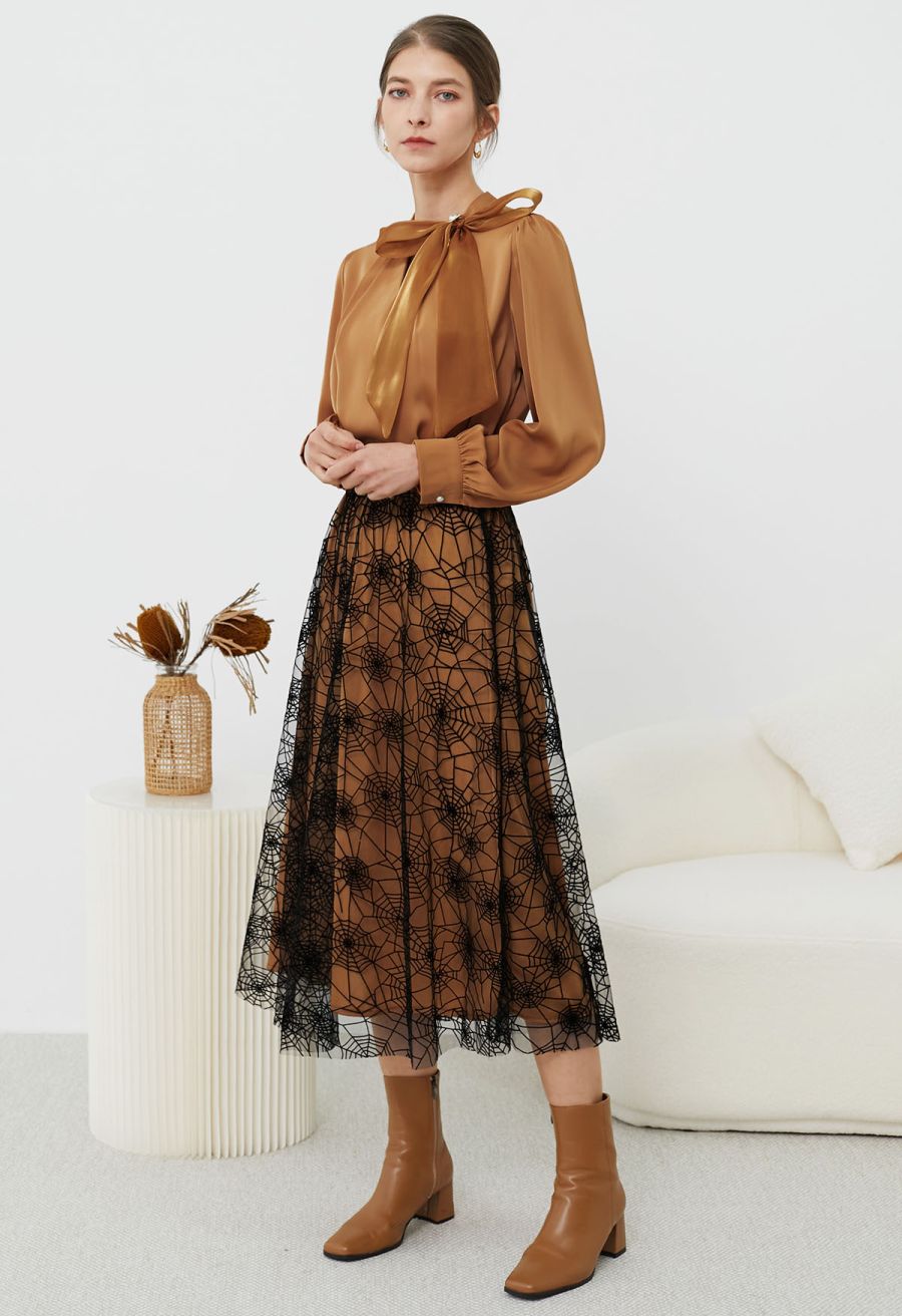 Cobweb Mystique Mesh Tulle Midi Skirt in Pumpkin Halloween Costumes