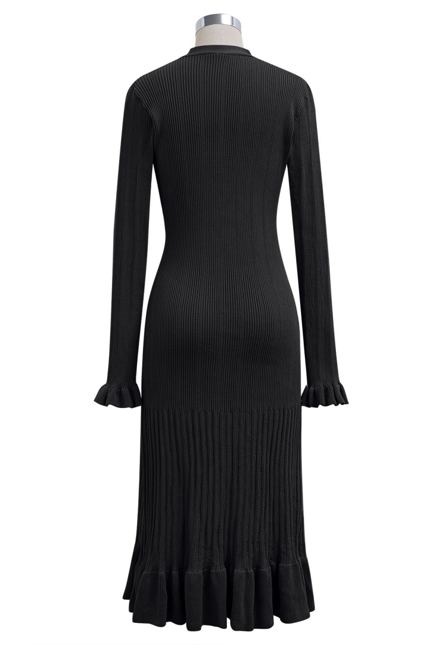 Ruffle Elegance V-Neck Buttoned Openwork Knit Dress in Black