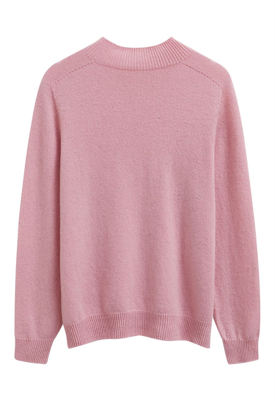 Heartwarming Mock Neck Long-Sleeve Wool Sweater in Pink