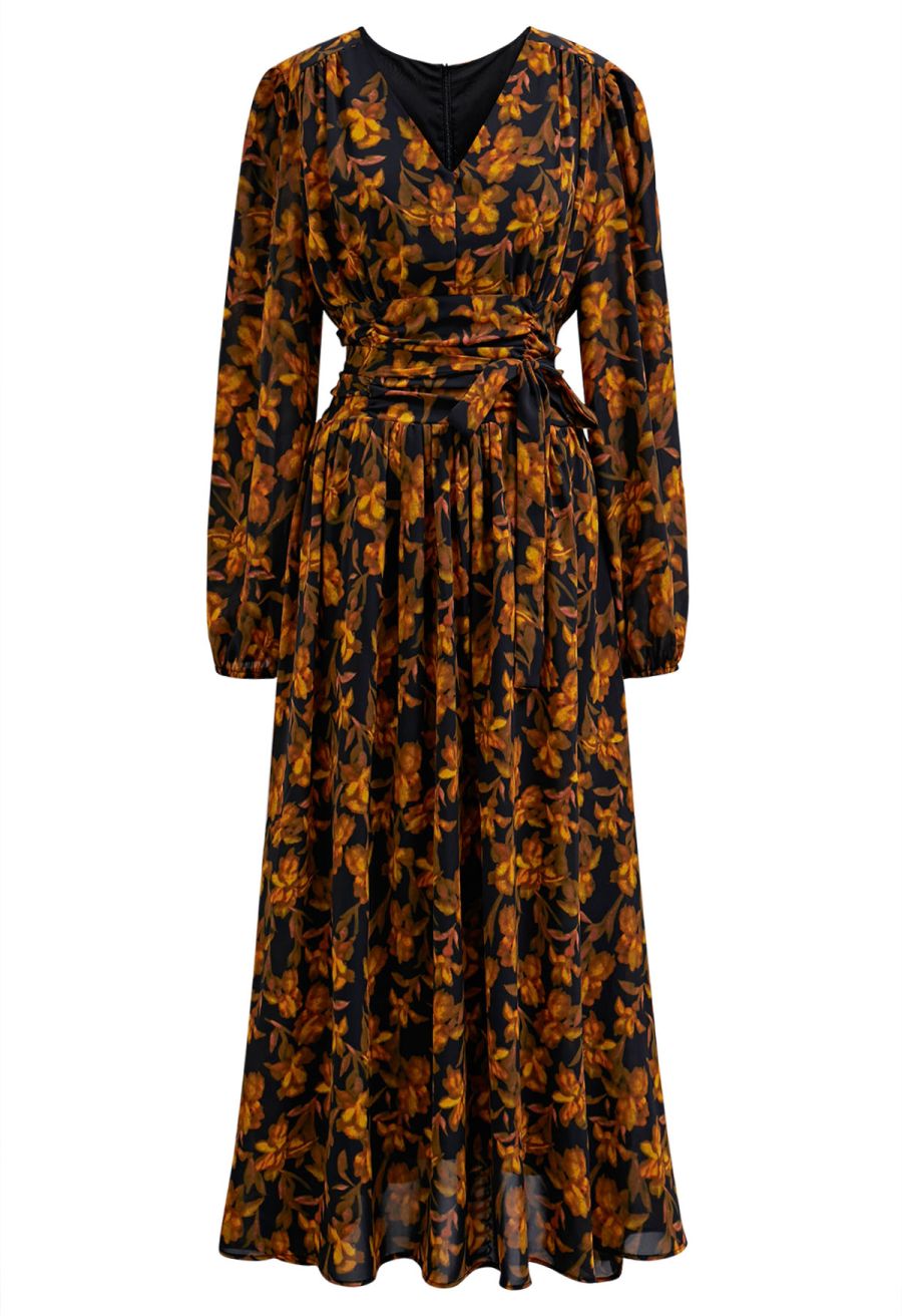 Floral Serenade V-Neck Chiffon Maxi Dress in Orange