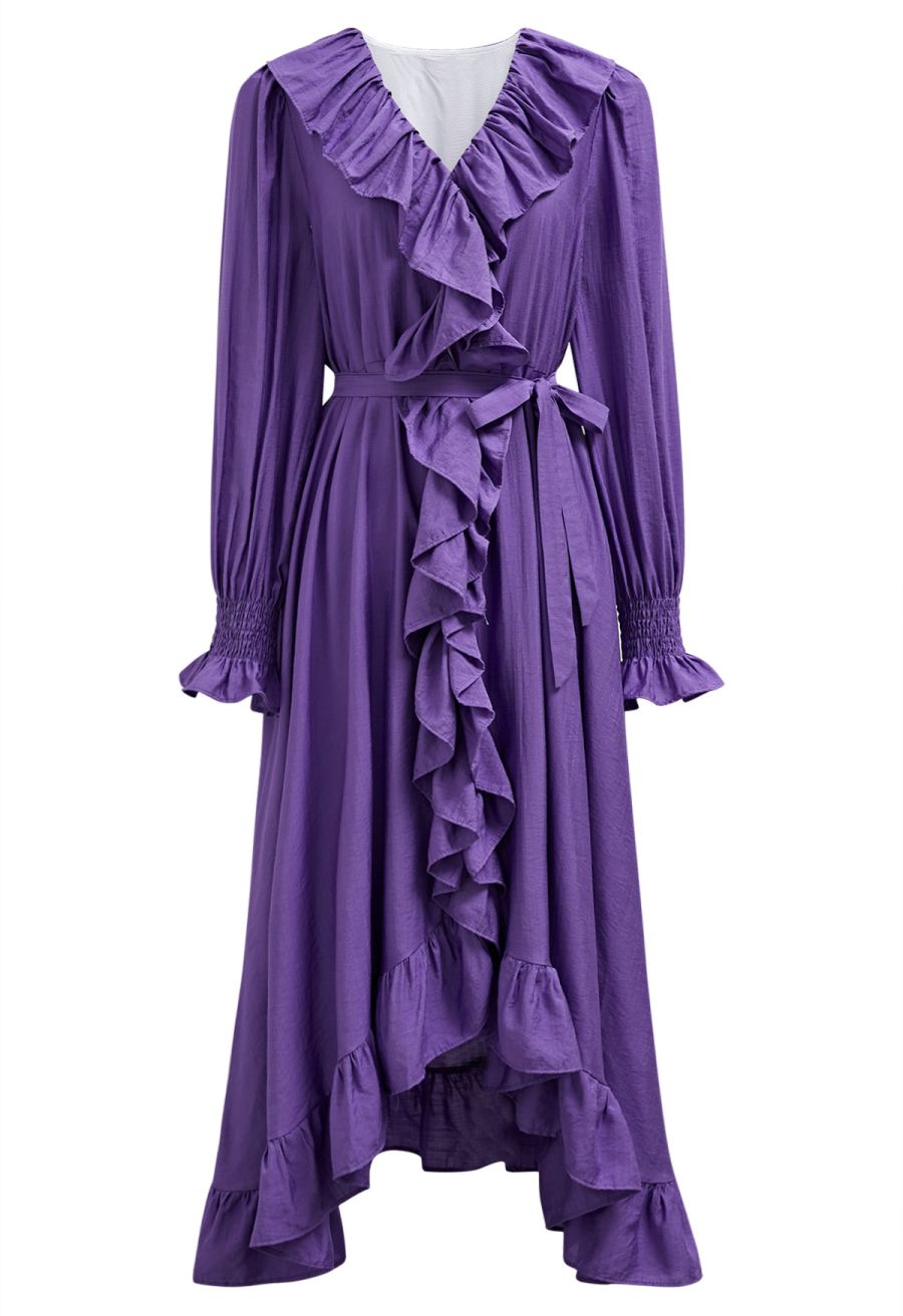 Whimsical Ruffle Asymmetric Button Down Midi Dress in Purple