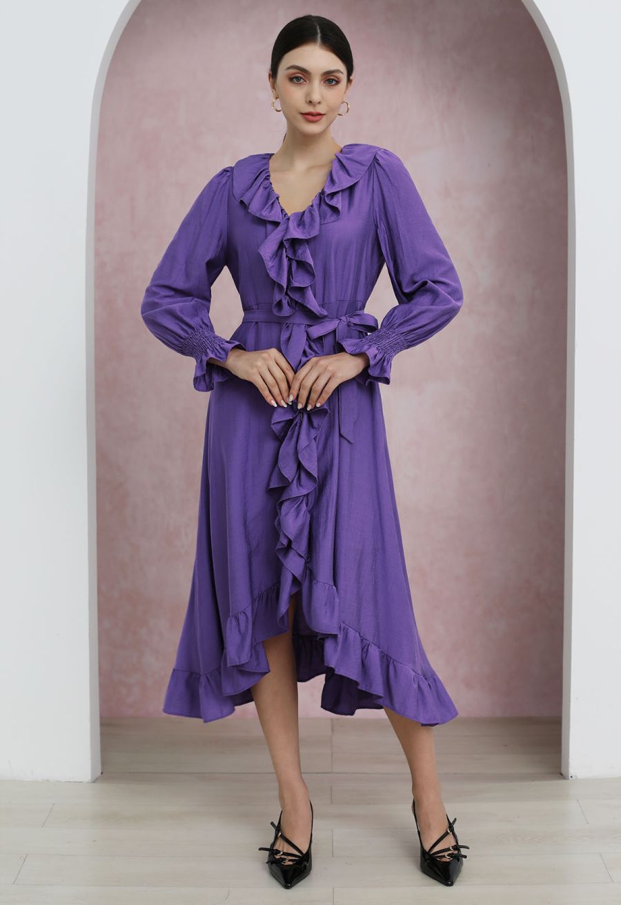 Whimsical Ruffle Asymmetric Button Down Midi Dress in Purple