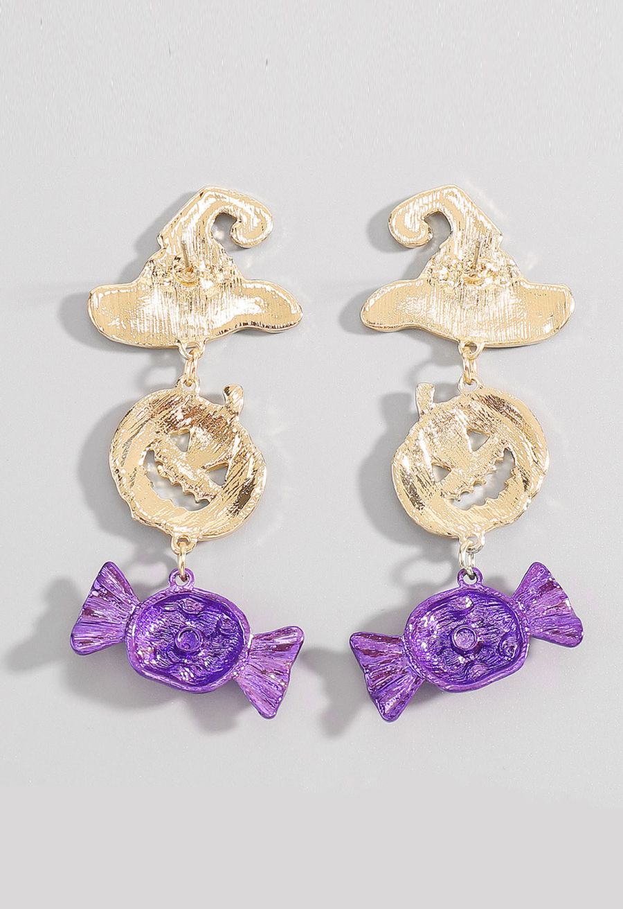 Witch Hat Pumpkin Candy Earrings in Purple