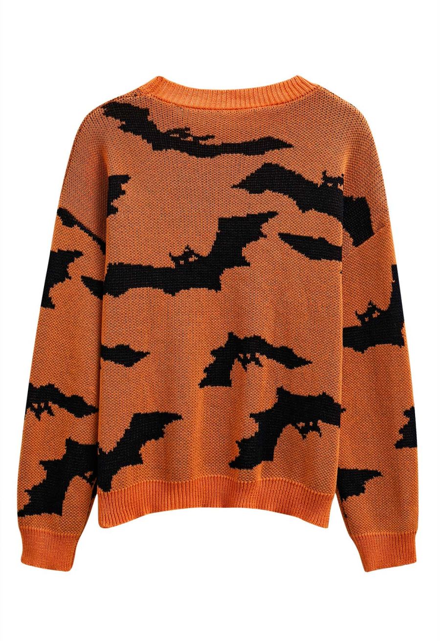 Spooky Bats Pattern Long-Sleeve Knit Sweater Halloween Costumes