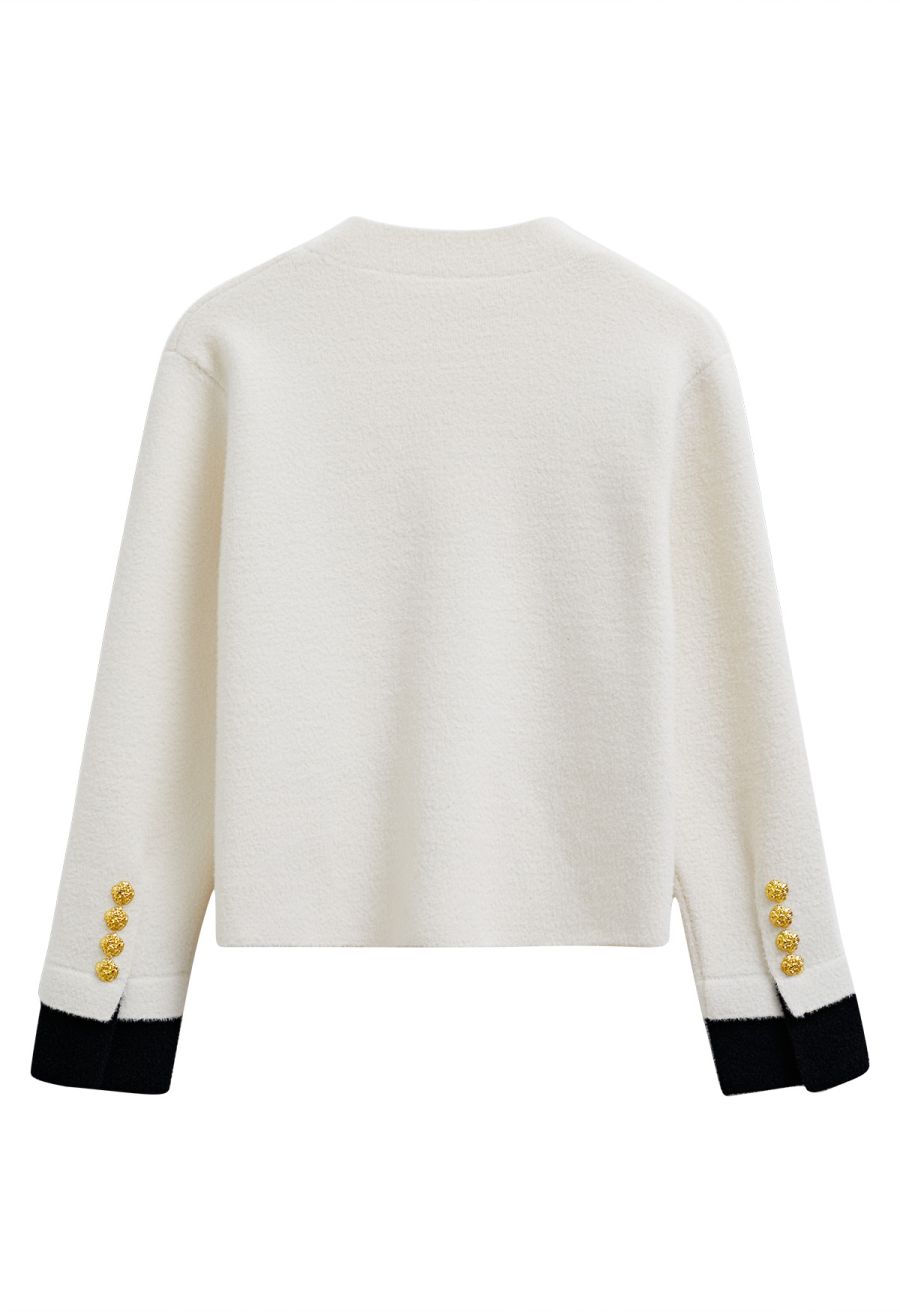 Eye-Catching Golden Stud Button Contrast Knit Cardigan in Ivory