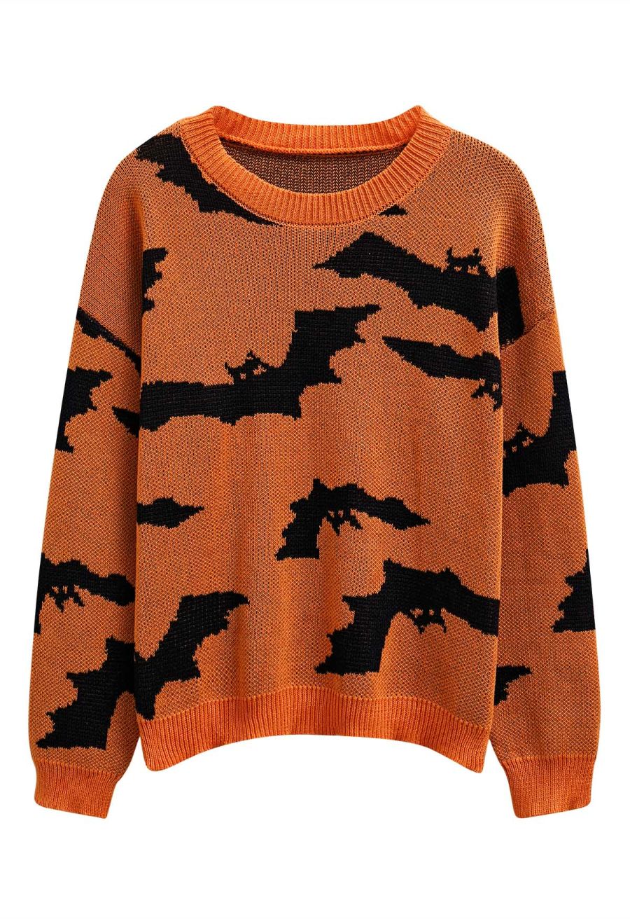 Spooky Bats Pattern Long-Sleeve Knit Sweater Halloween Costumes
