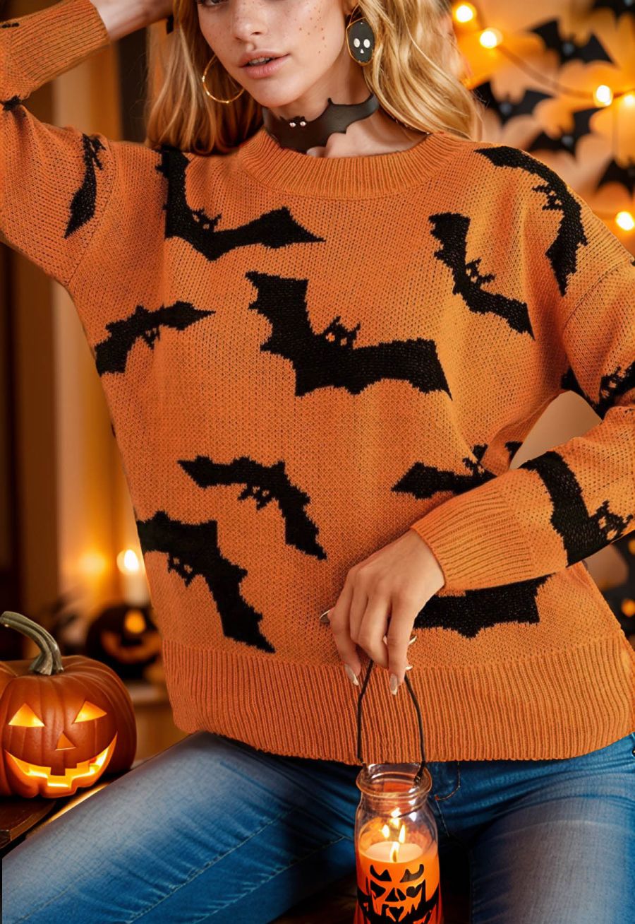 Spooky Bats Pattern Long-Sleeve Knit Sweater Halloween Costumes
