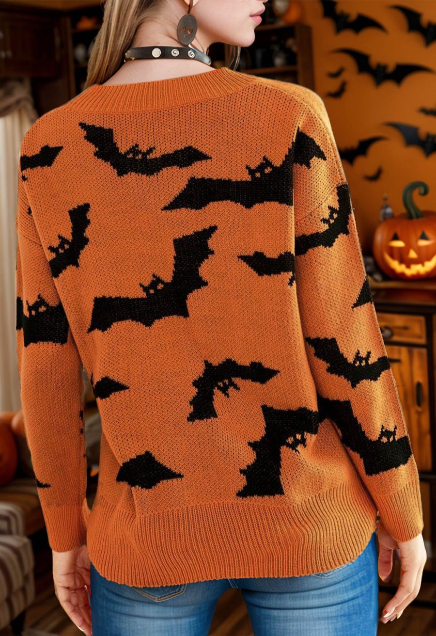 Spooky Bats Pattern Long-Sleeve Knit Sweater Halloween Costumes