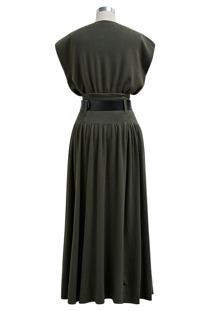 Gentle Knit Top and Belted High Waist Skirt Set in Army Green
