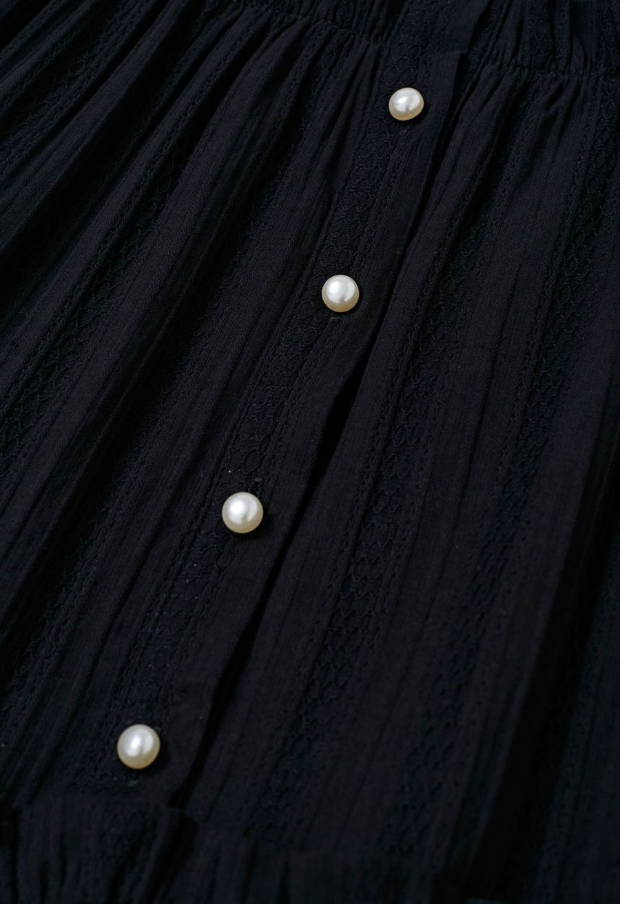 Ruffles Tiered Buttoned Belted Dolly Dress in Black
