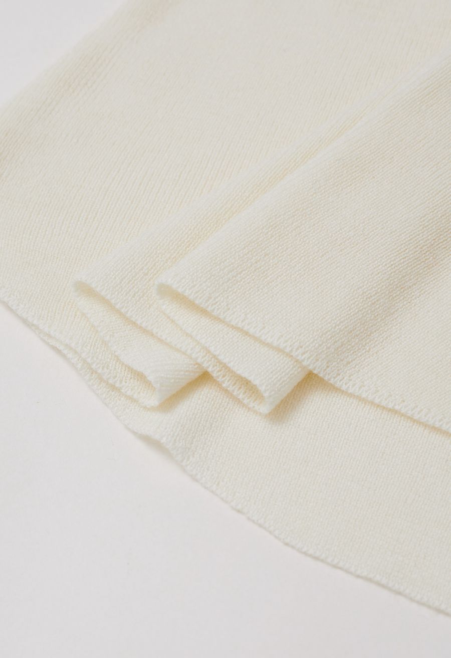 Ribbon-Tied Neckline Cap Sleeve Knit Top in Cream