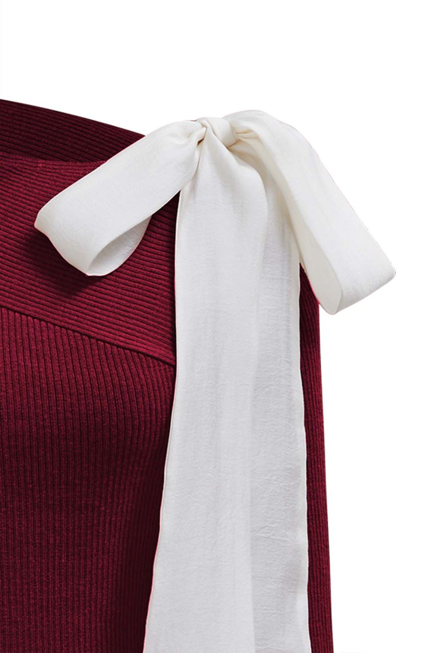 Sheer Tie-Strap One Shoulder Knit Top in Burgundy