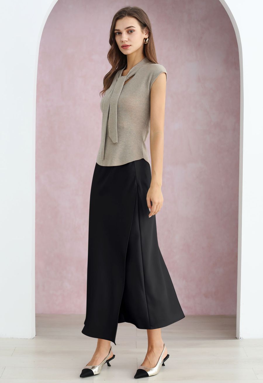 Satin Elegance Front Flap Maxi Skirt in Black