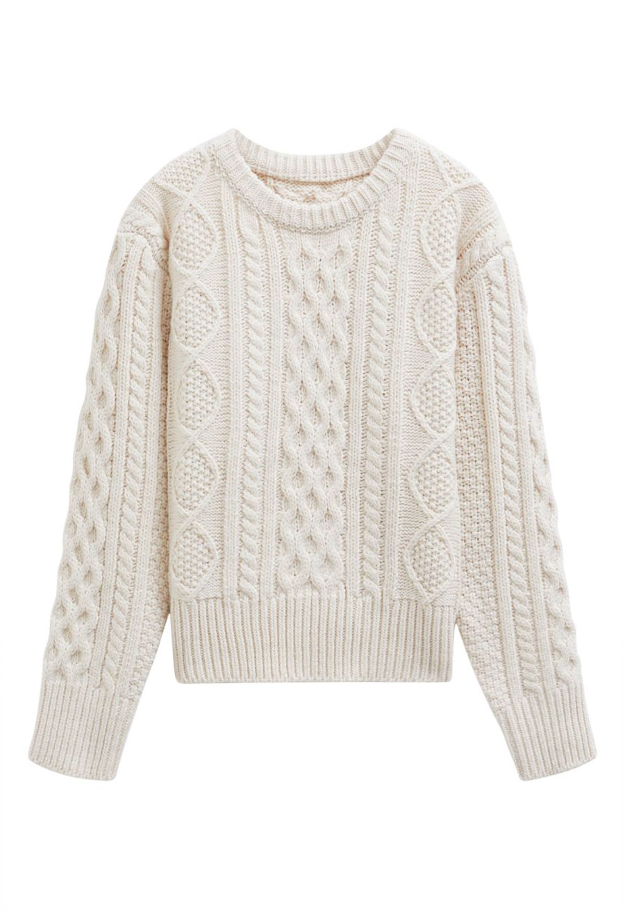 Hug-Me Cable Knit Crewneck Sweater in Ivory