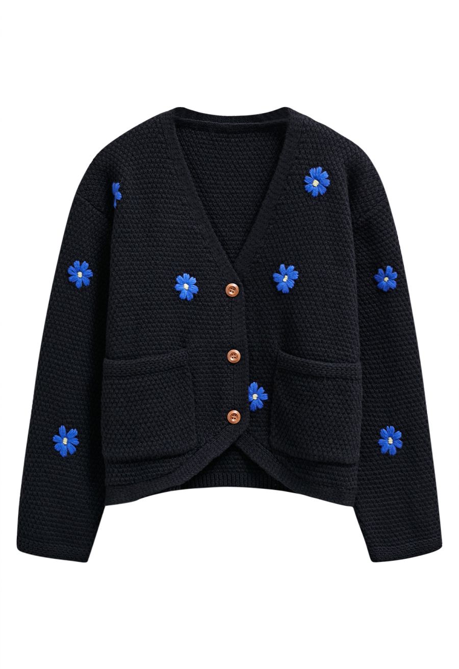 Endearing Stitch Flower Waffle Knit Cardigan in Black