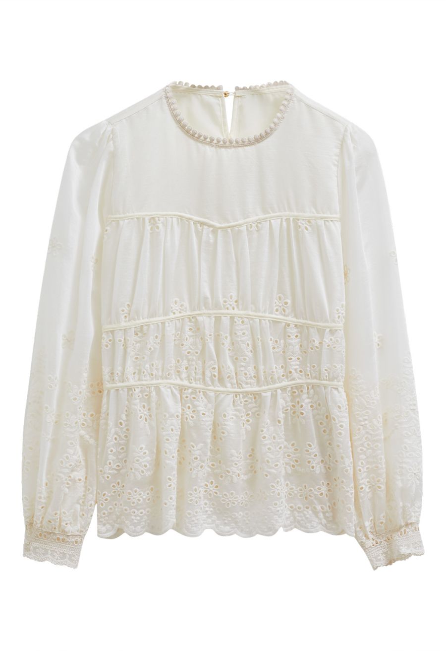 Eyelet Embroidery Peplum Long-Sleeve Top