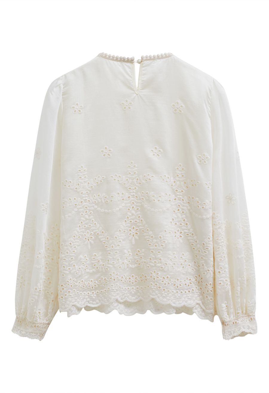 Eyelet Embroidery Peplum Long-Sleeve Top