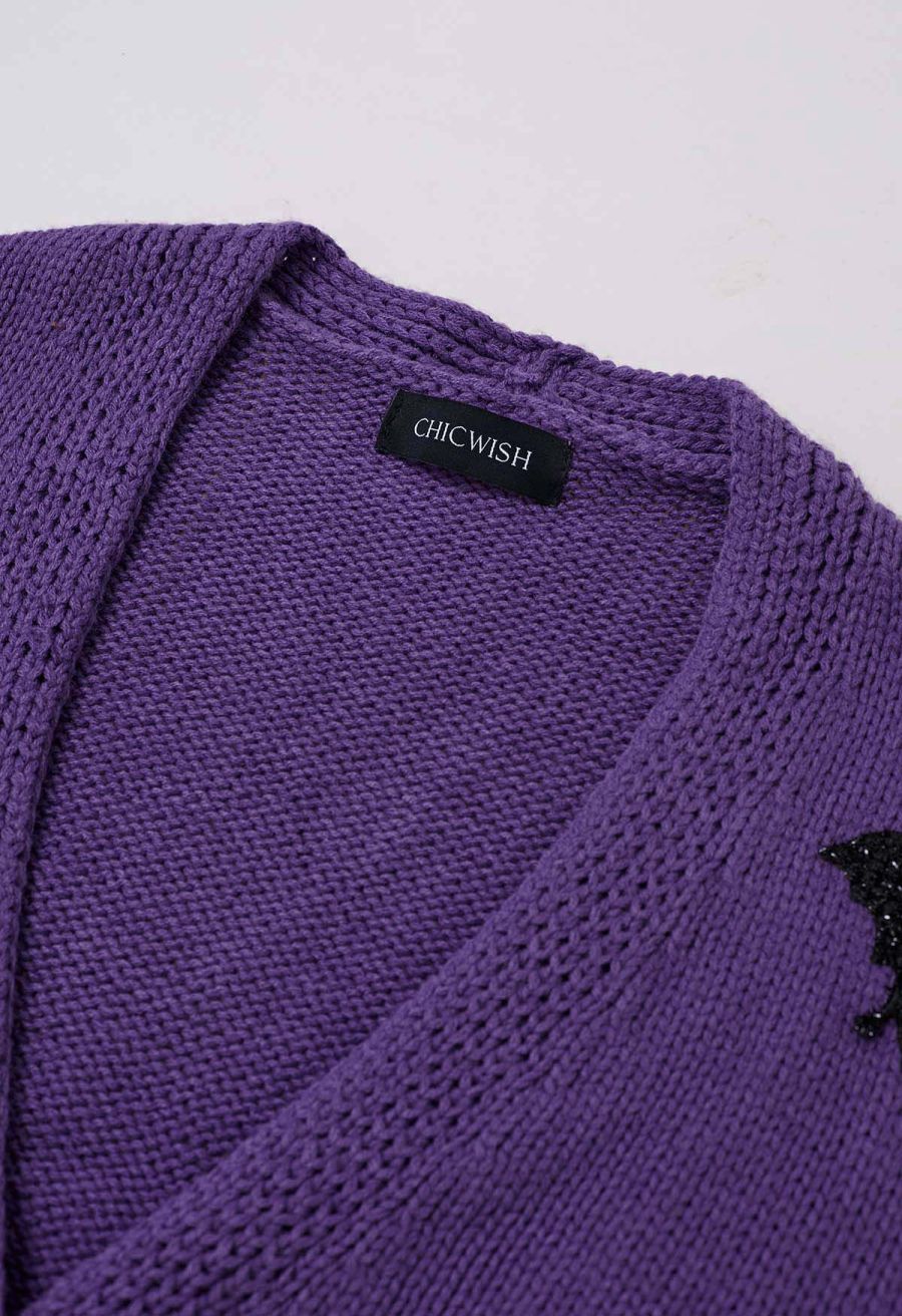 Mystic Bats Patch Buttoned Knit Cardigan in Purple Halloween Costumes