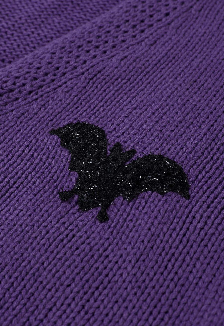Mystic Bats Patch Buttoned Knit Cardigan in Purple Halloween Costumes