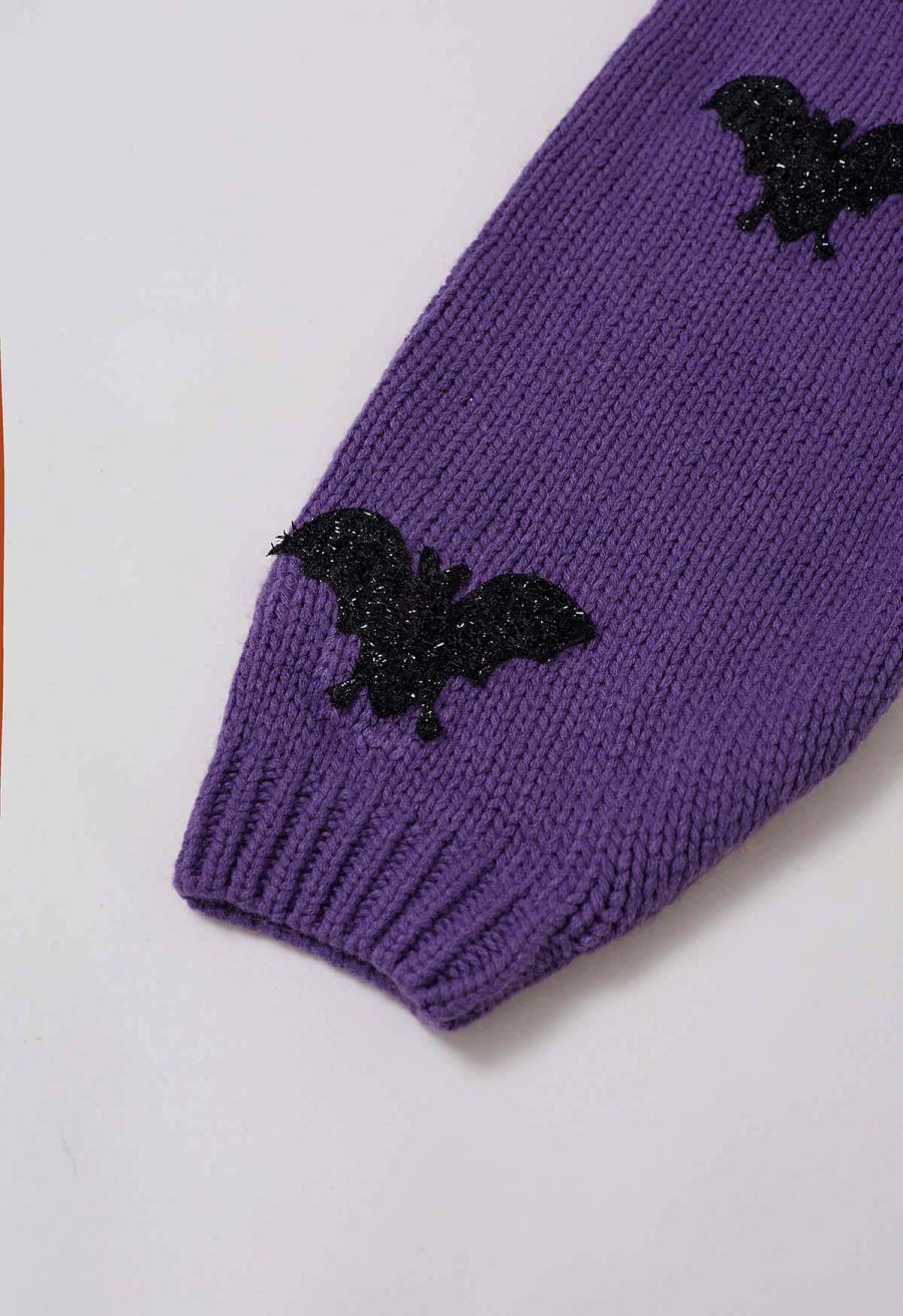 Mystic Bats Patch Buttoned Knit Cardigan in Purple Halloween Costumes