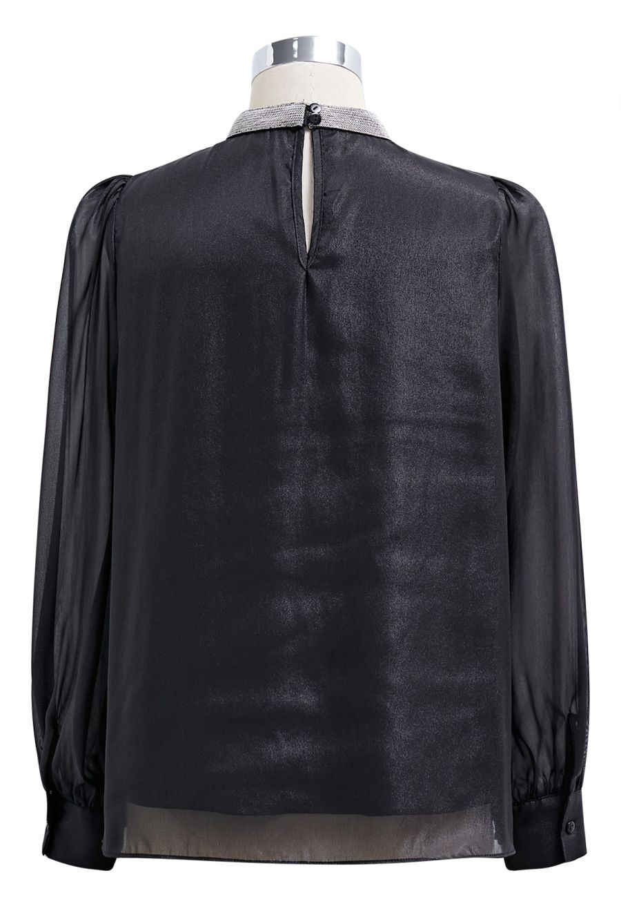 Sparkling Beaded Neckline Sheer Top in Black