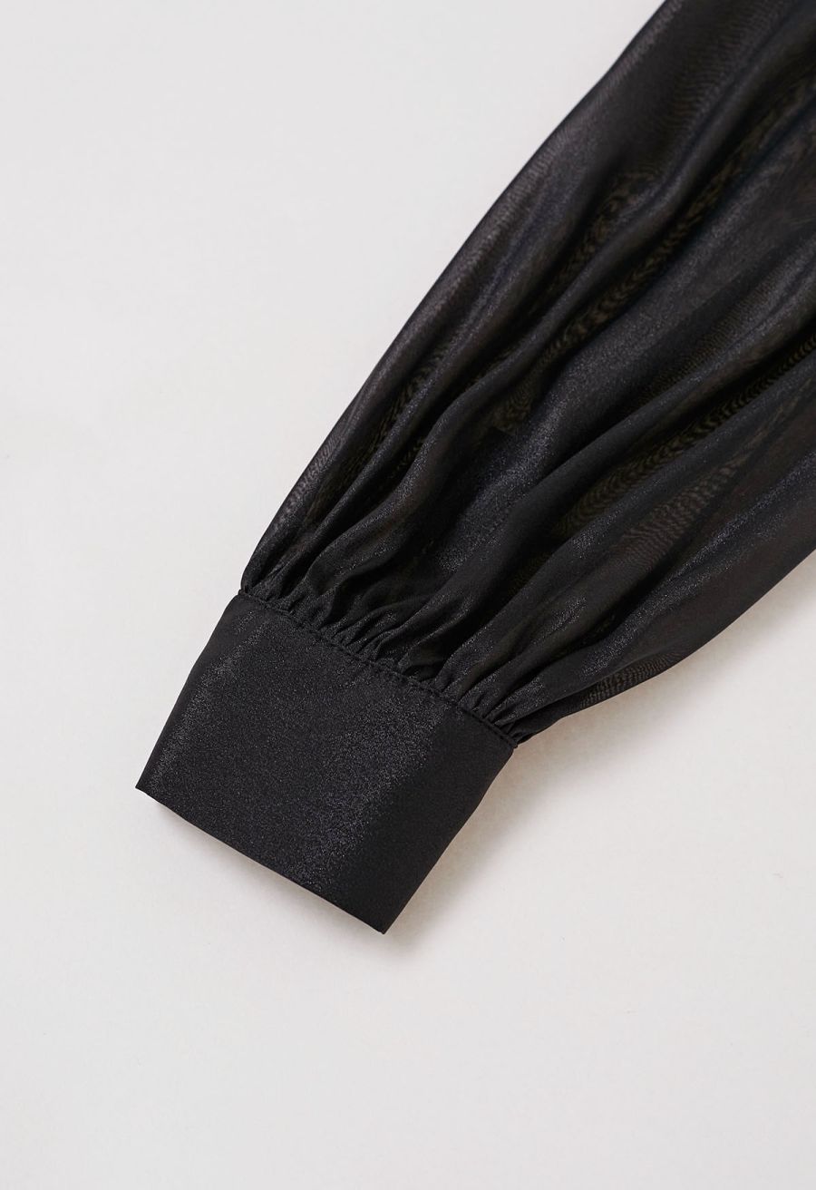 Sparkling Beaded Neckline Sheer Top in Black