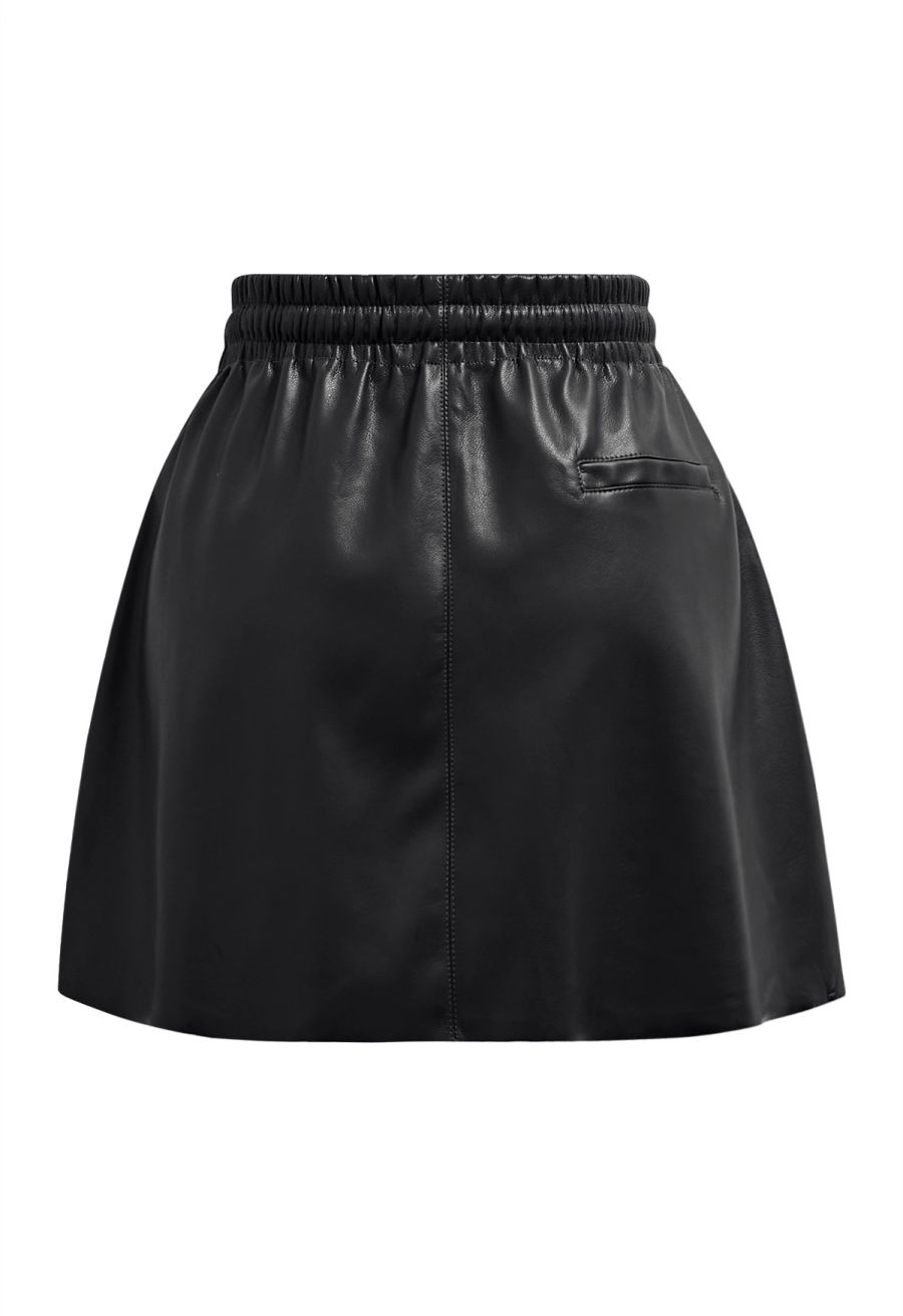 Faux Leather Drawstring Waist Mini Skirt in Black