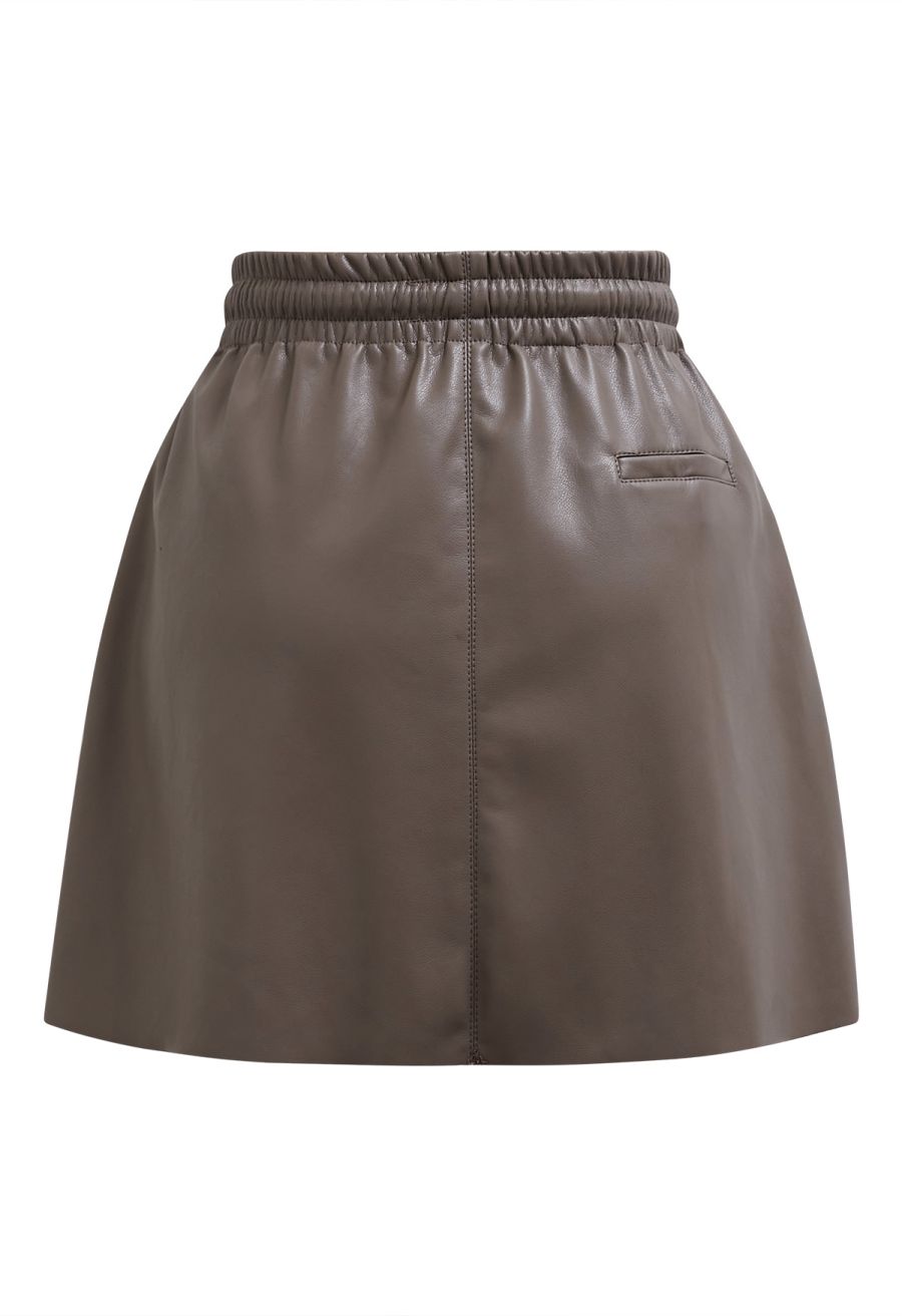 Faux Leather Drawstring Waist Mini Skirt in Brown
