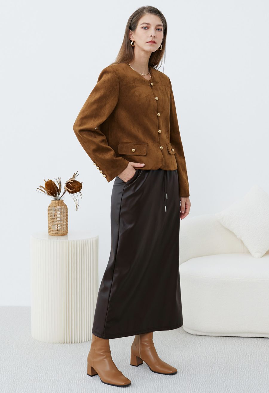 On-Duty Faux Leather Drawstring Shift Skirt in Chocolate