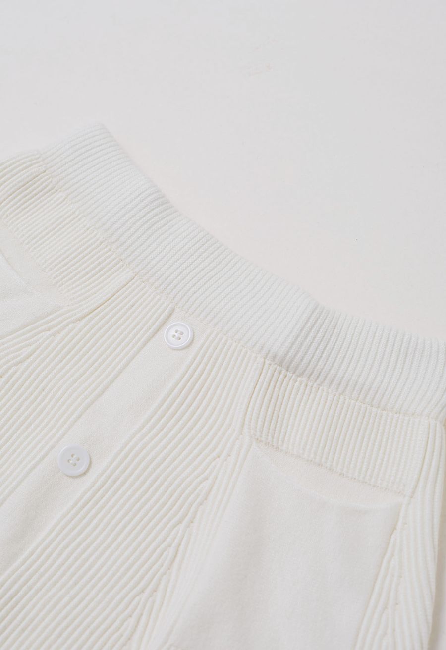 Patch Pockets Button Trim Knit Mini Skirt in White