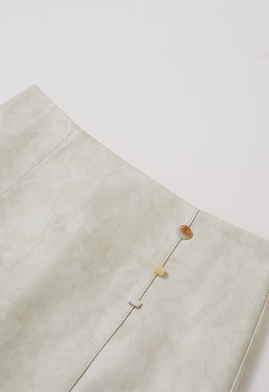 Marble Beads Decor Faux Leather Mini Skirt in Ivory
