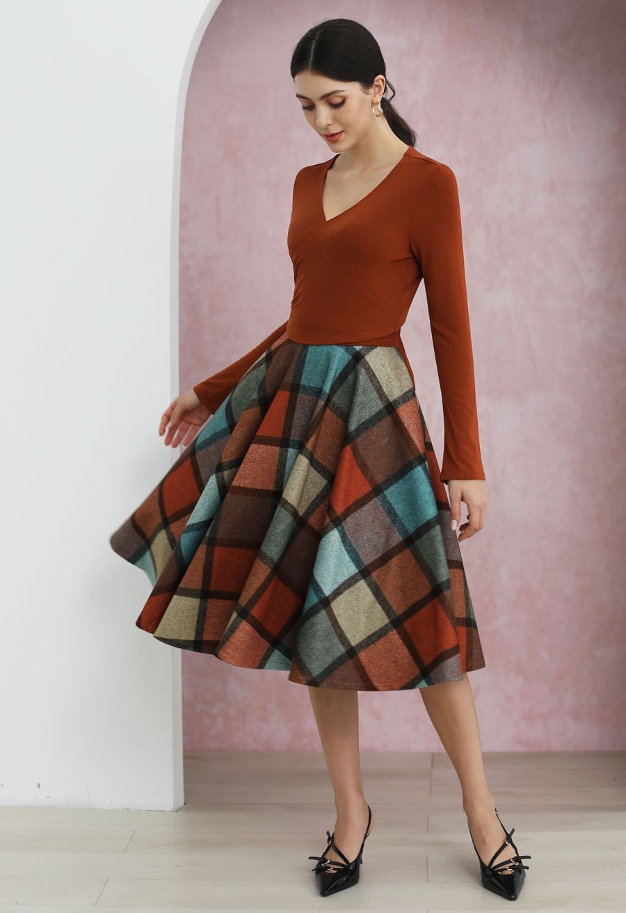 Color Block Checked Pattern Flare Midi Skirt