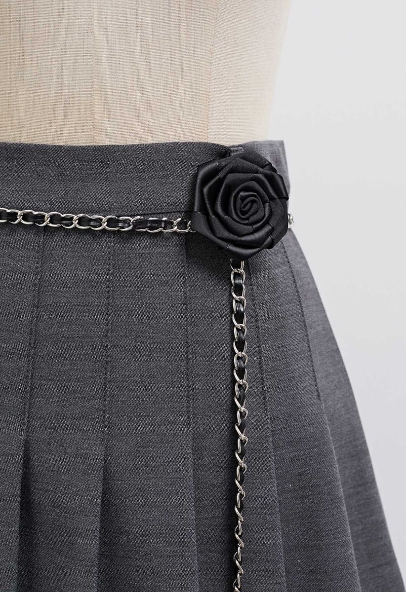 Rose Brooch Chain Belt Pleats Mini Skirt in Smoke