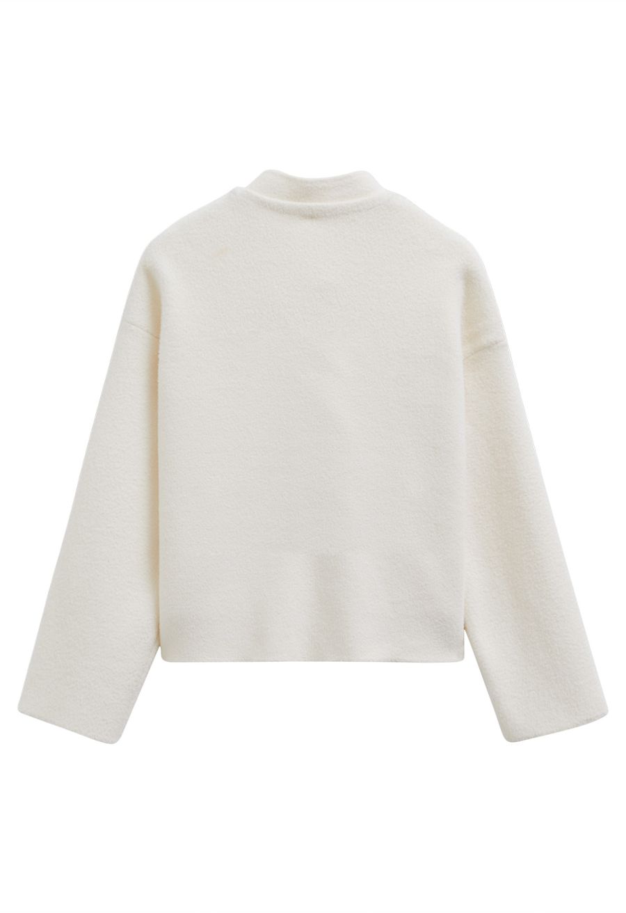 Detachable Tie-Neck Golden Button Knit Coat in Cream
