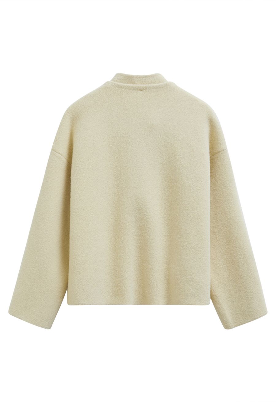 Detachable Tie-Neck Golden Button Knit Coat in Light Yellow